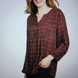WRANGLER Ladies Brown Rust Plaid Blouse Sz M (8-10) Popover Tunic Top Shirt NWT